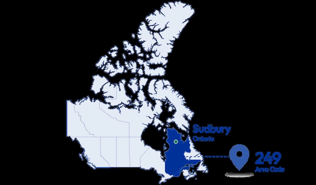 Map showing 249 area code location Sudbury Ontario Canada