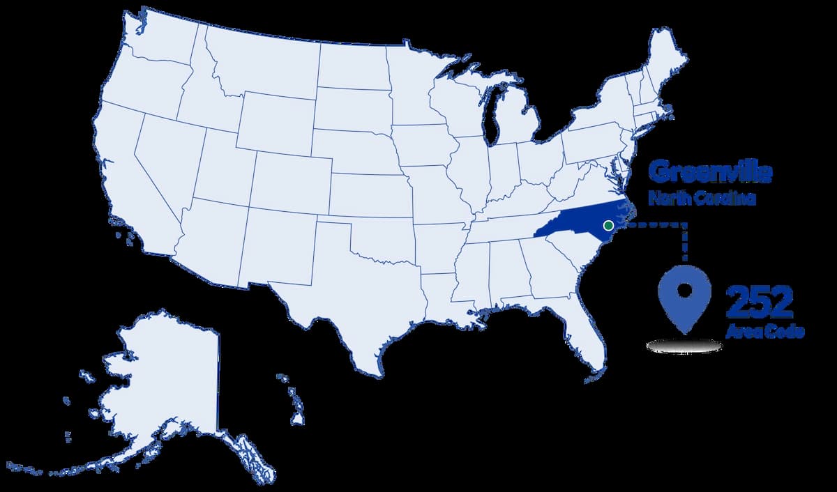 map diagram with pinned 252 area code number
