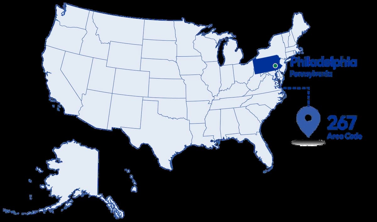 US map highlighting Pennsylvania with 267 area code location pin for Philadelphia region