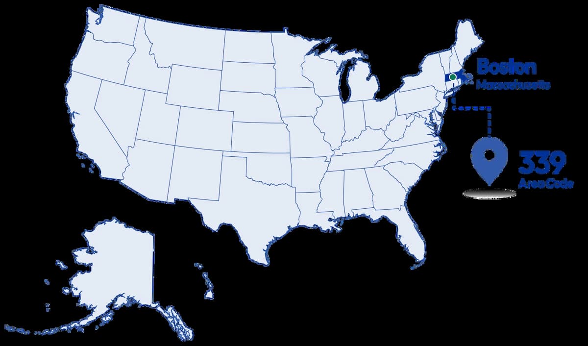 A map of the United States highlighting the 339 area code for Boston, Massachusetts
