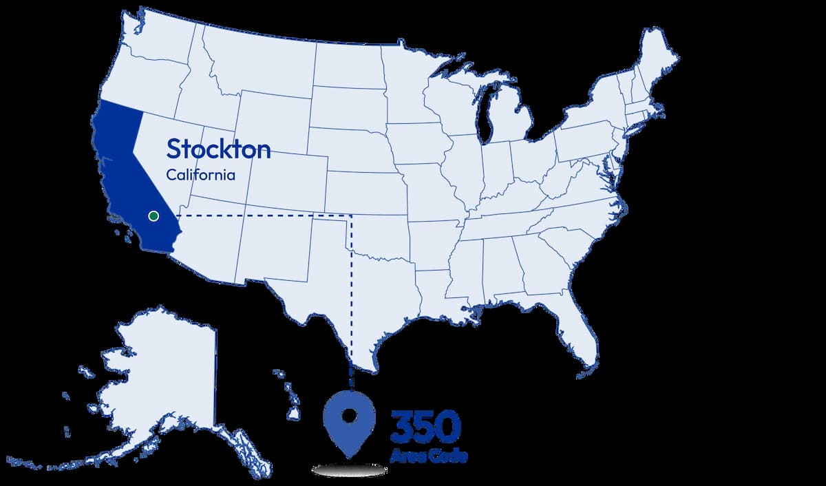 Map showing 350 area code location Stockton California USA