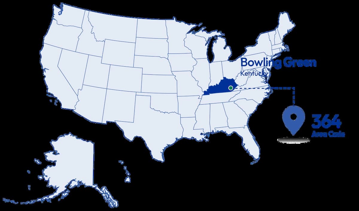 Map showing Bowling Green Kentucky with area code 364