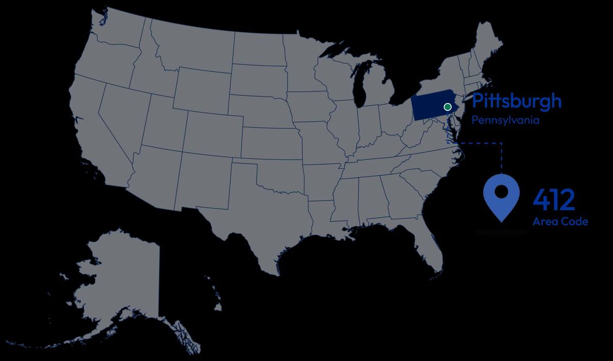 412 area code map highlighting Pittsburgh, Pennsylvania