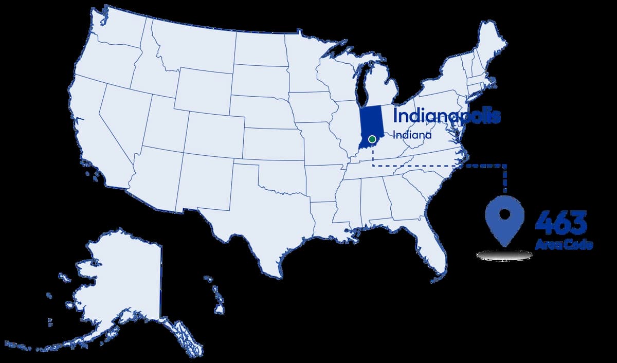 United States map with Indiana and 463 area code Indianapolis region marked in blue