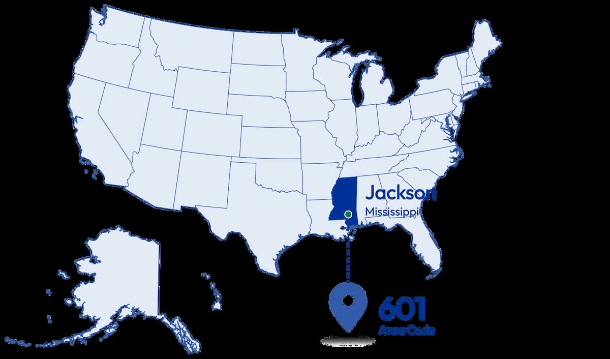 map diagram with pinned 601 area code number