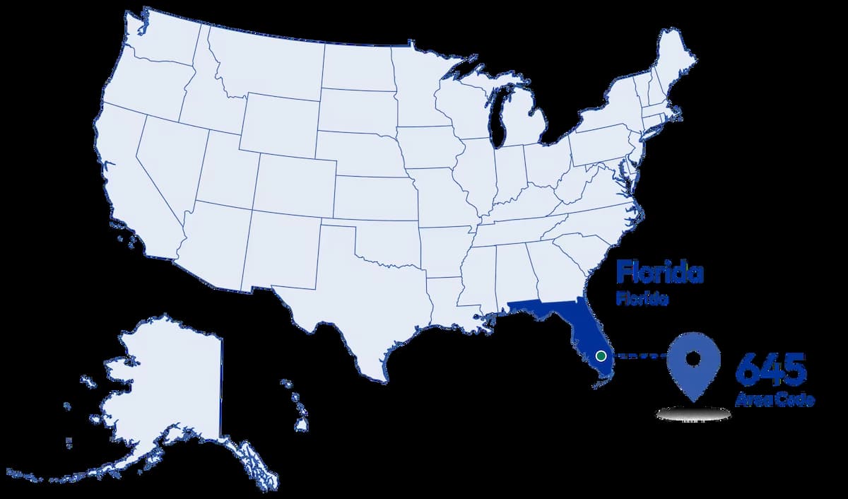 United States map highlighting Florida with area code 645 overlay