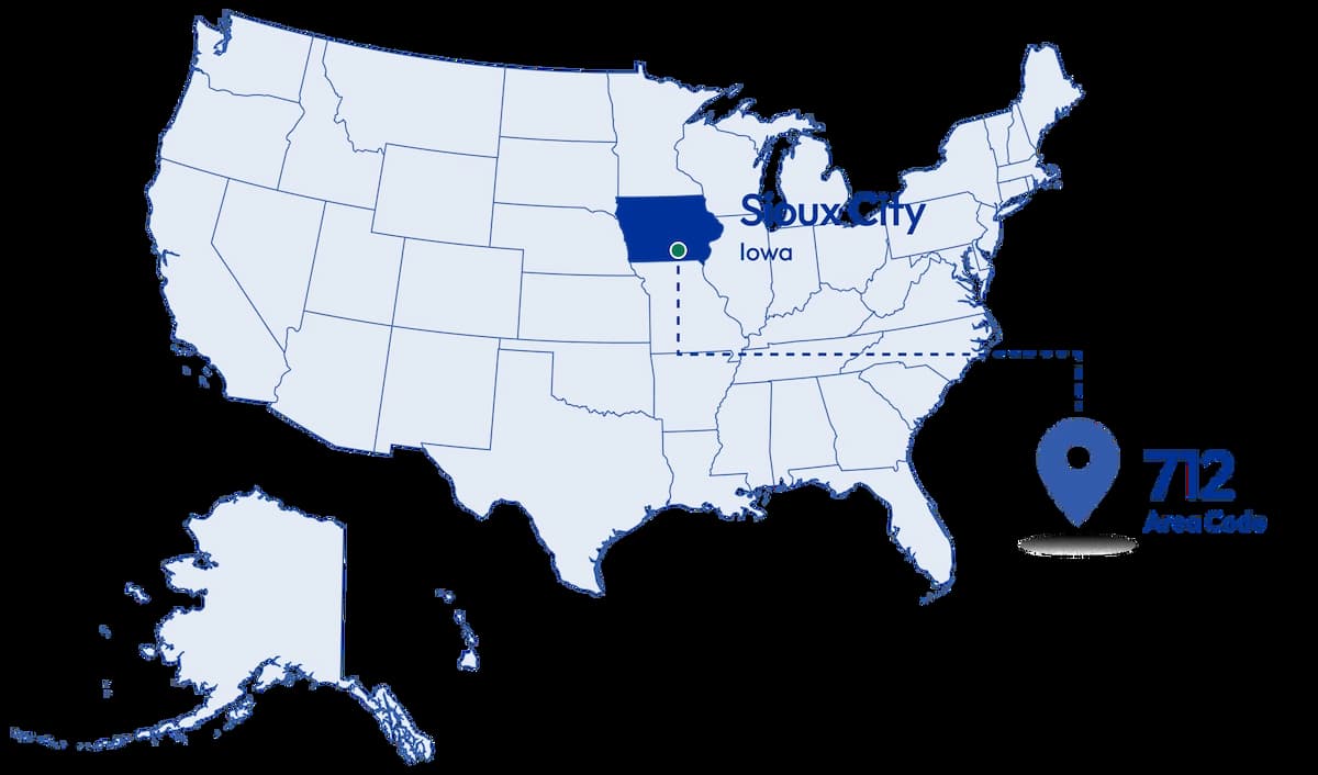 map diagram with pinned 712 area code number