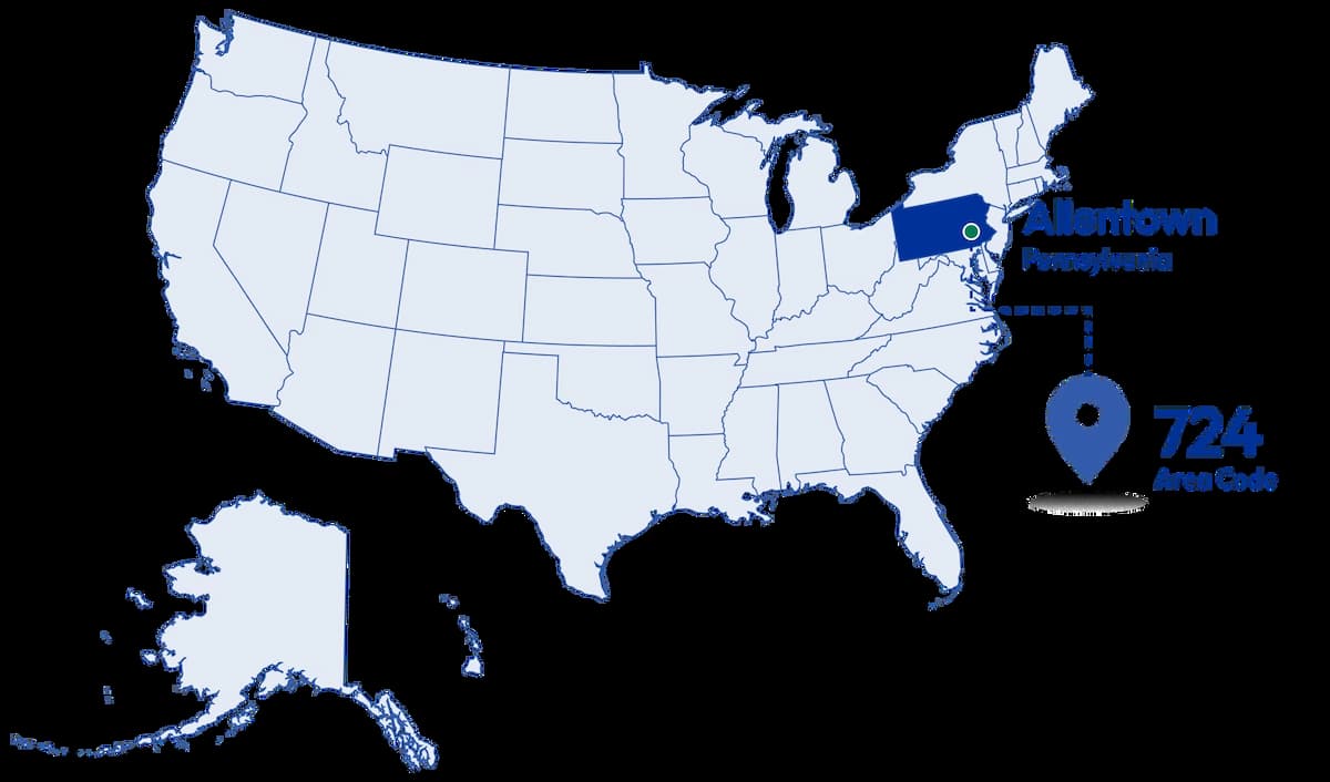 map diagram with pinned 724 area code number