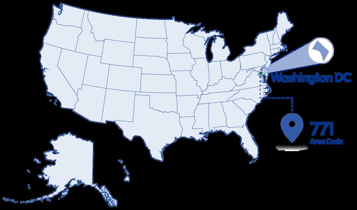Highlighting Washington dc 771 area code on the united states map