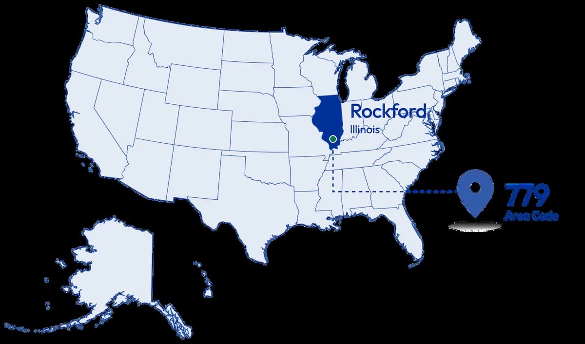779 area code location map Rockford Illinois USA