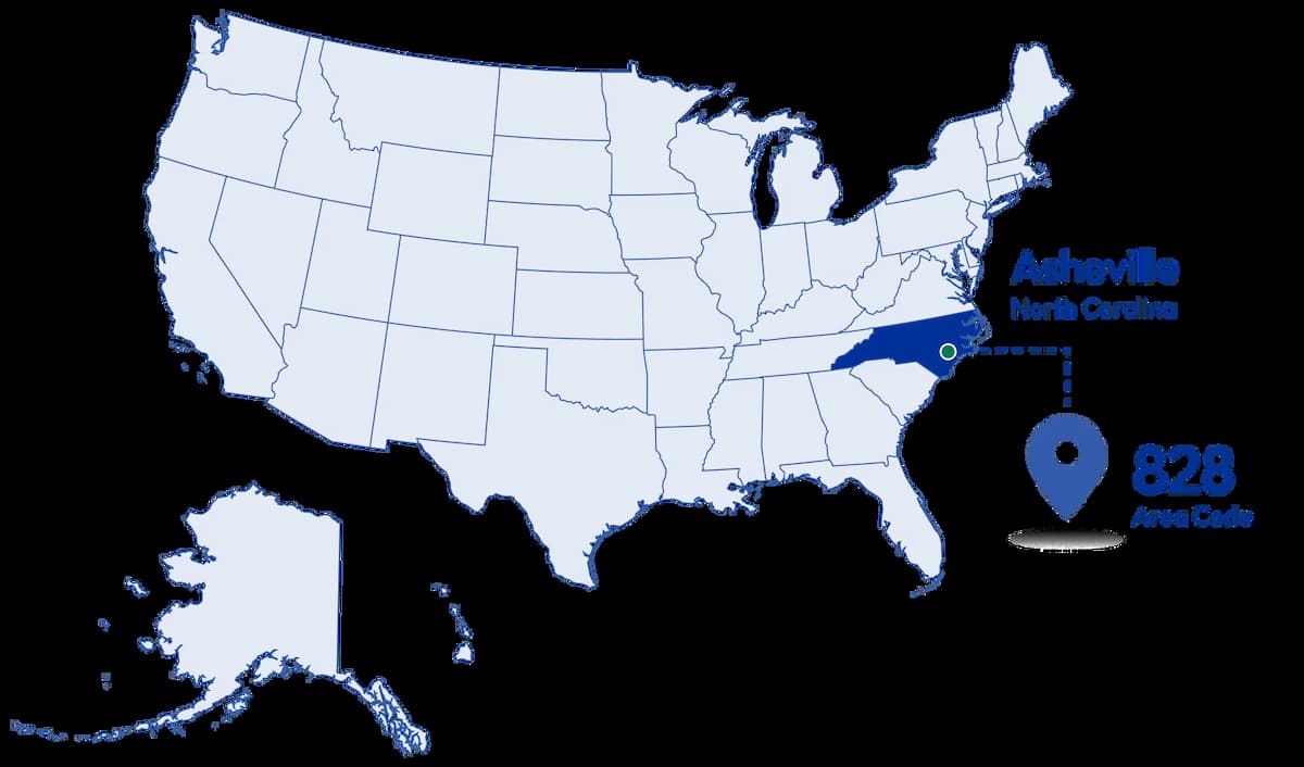 Asheville North Carolina location highlighted with the 828 area code