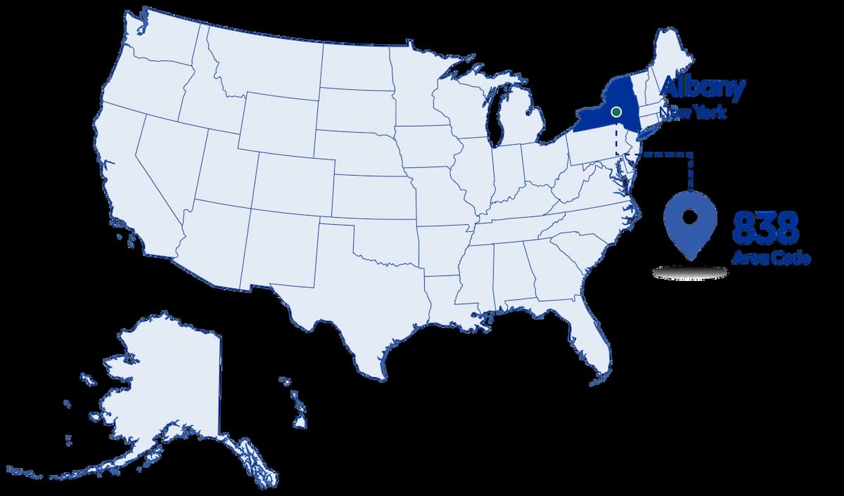 Map showing 838 area code location Albany New York USA