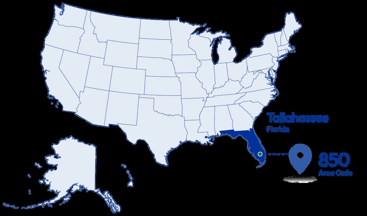 Area code 850 map of Florida highlighted on USA with blue Tallahassee location marker