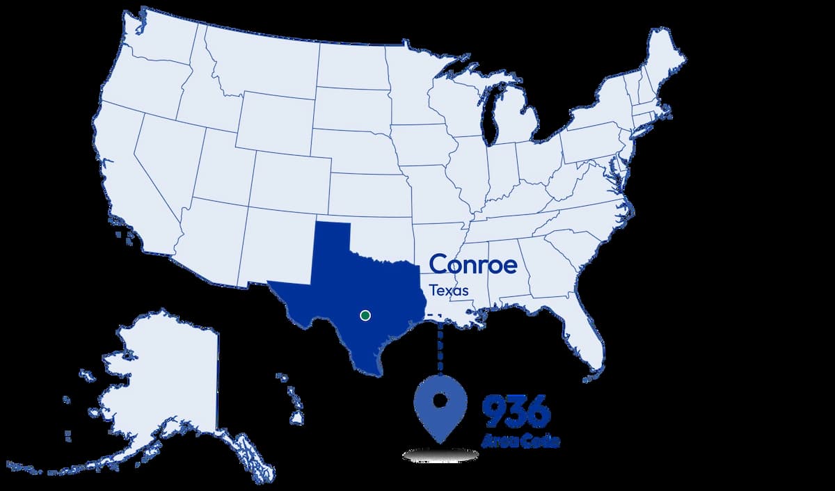 US territorial map with Texas and 936 area code centered on Conroe with location pin