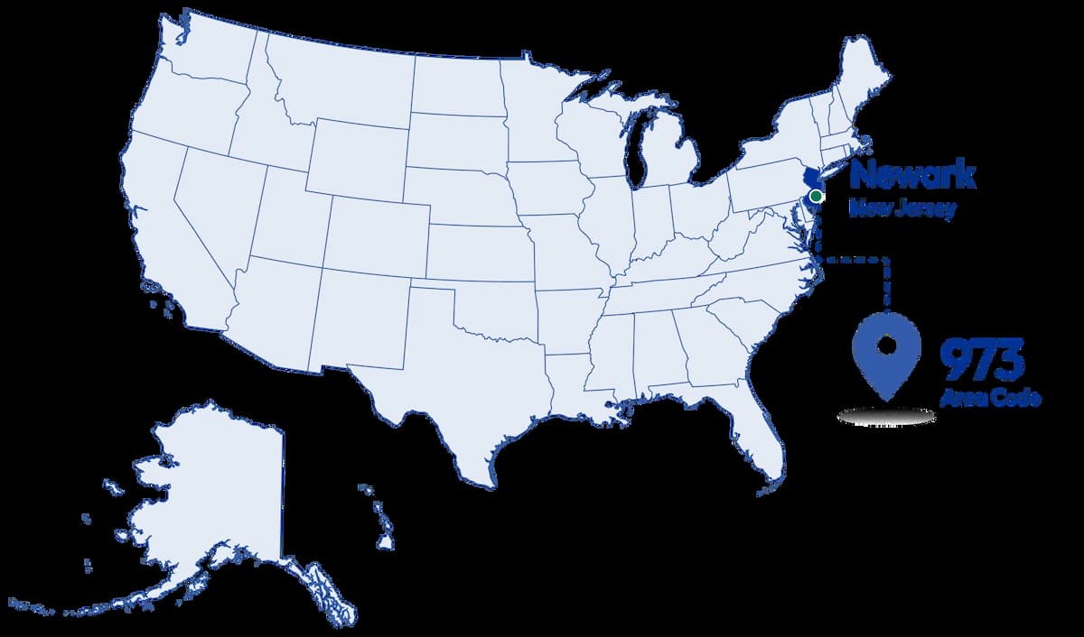 map of the united states highlighting newark, new jersey and its 973 telephone area code.