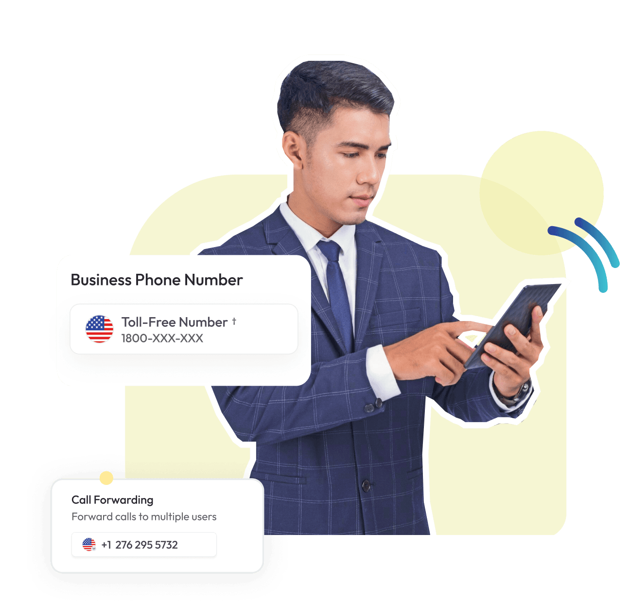 businessman in suit using smartphone with business phone service features including toll-free number and call forwarding displayed