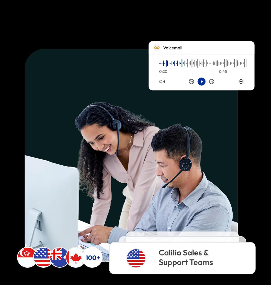calilio sales and support team using cloud business phone system with voicemail and global virtual numbers