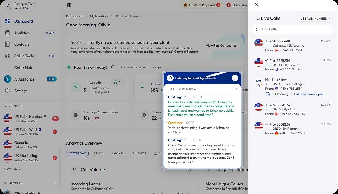 ai receptionist live call answering dashboard
