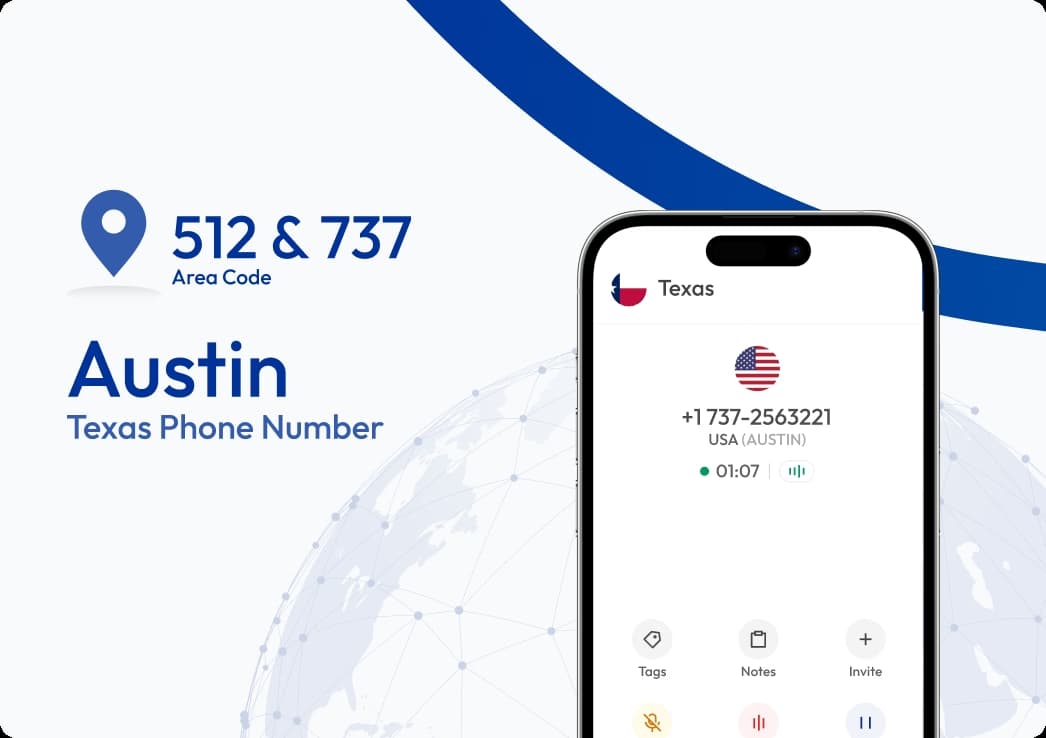 Texas Austin phone number with 512 and 737 area codes on smartphone