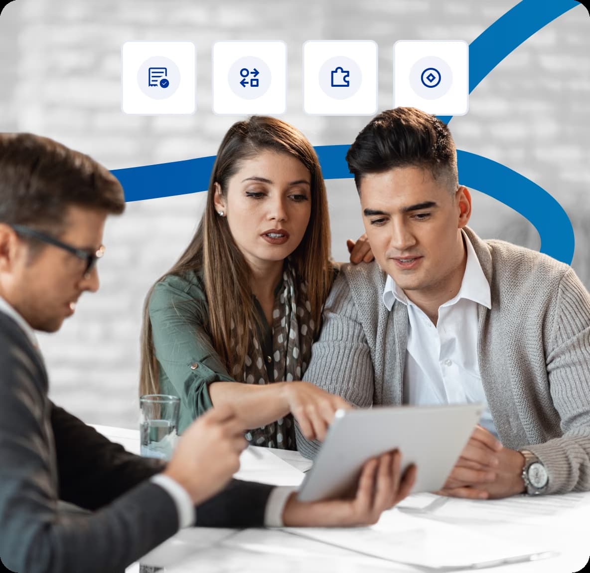 Business team reviewing international virtual phone system on tablet