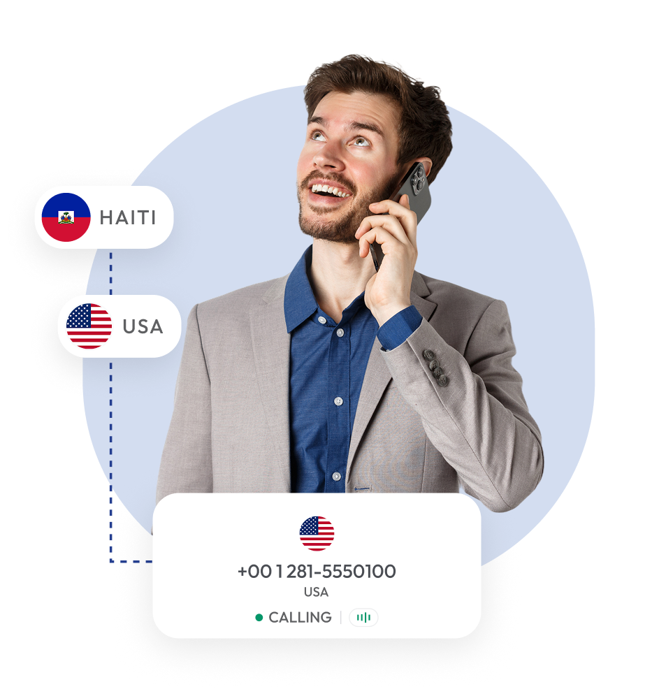 man using a smartphone to successfully call the united states from haiti