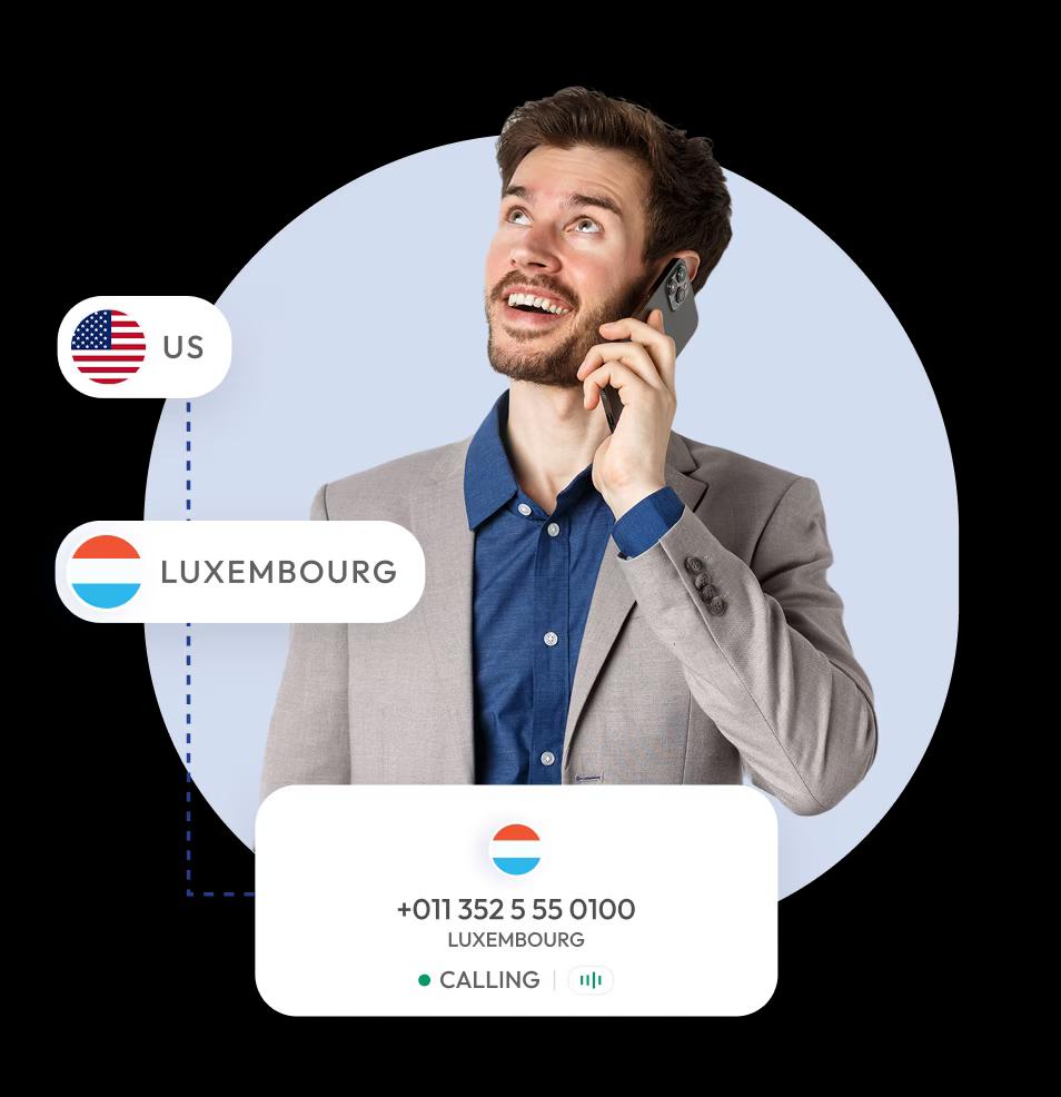 businessman making an international phone call from the us to luxembourg