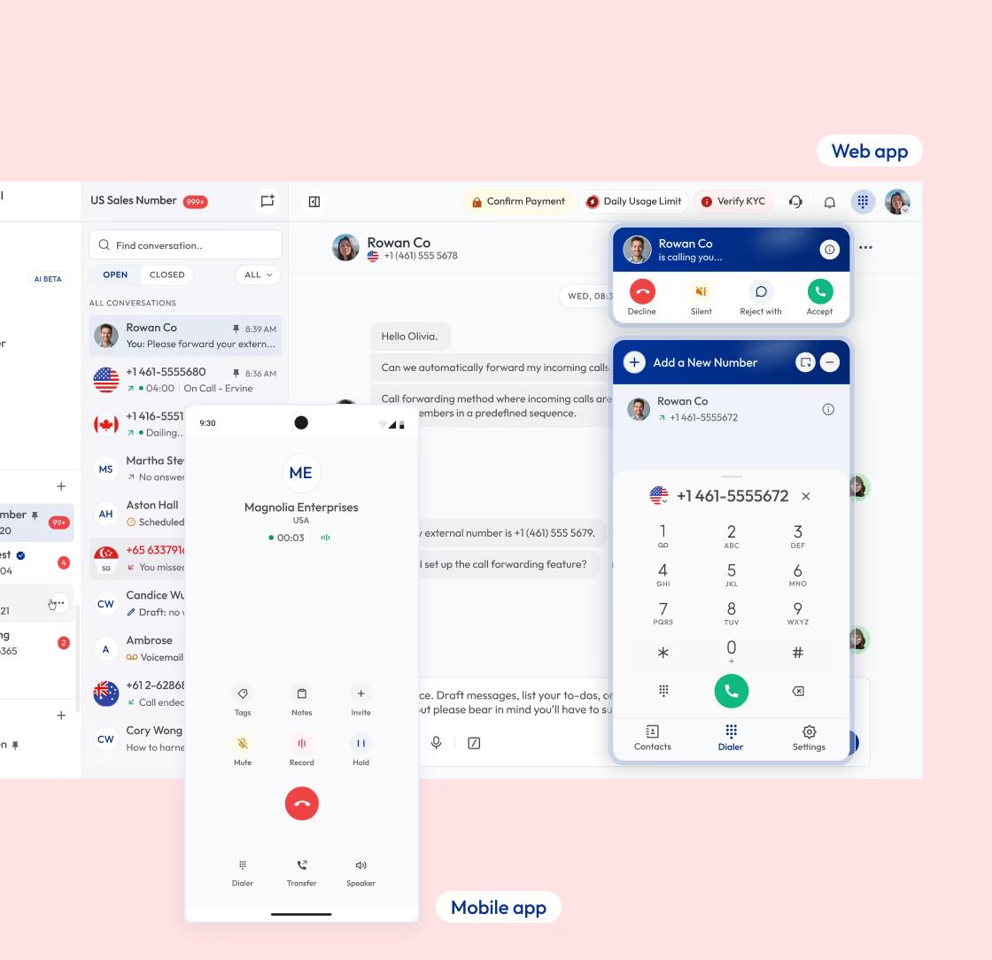calilio business messaging inbox in dashboard and dialer in phone inteface
