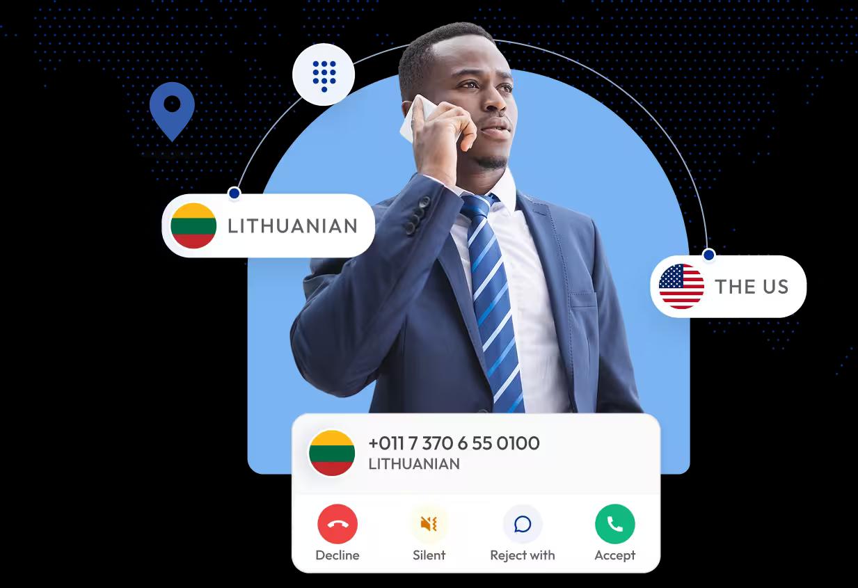 a man in a blue suit and striped tie talking on a smartphone, framed by a light blue arch against a dotted world map background