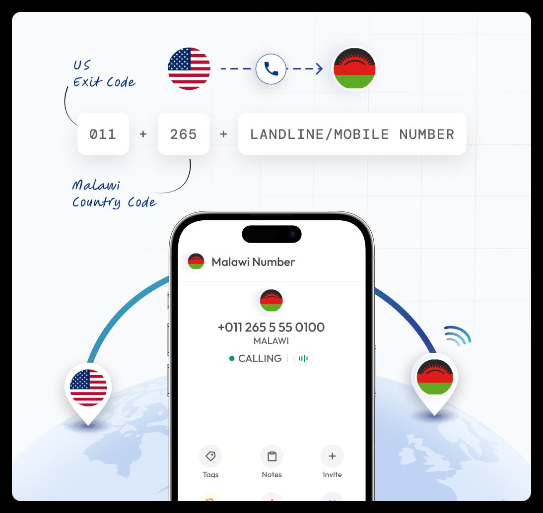 smartphone screen showing the dialing format for calling malawi from the united states