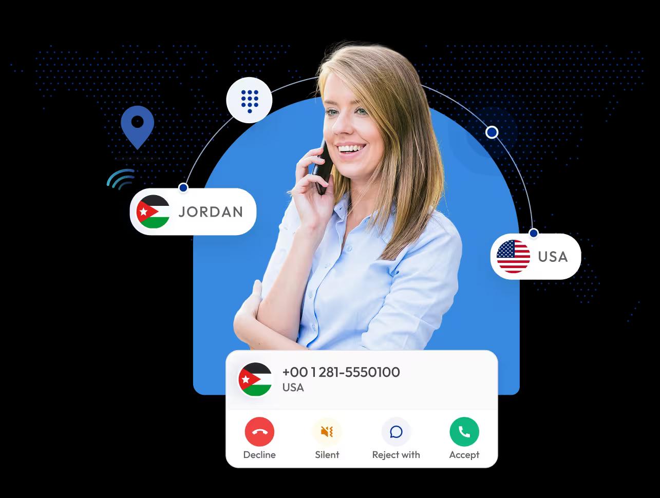 a smiling woman talking on her smartphone call with jordan and usa
