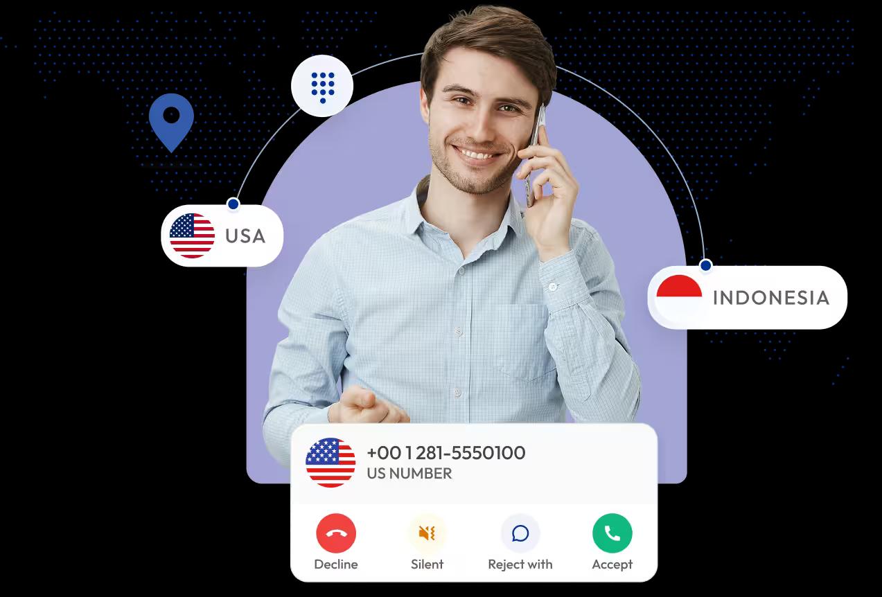 a digital illustration showing a smiling man in a light blue shirt talking on a mobile phone