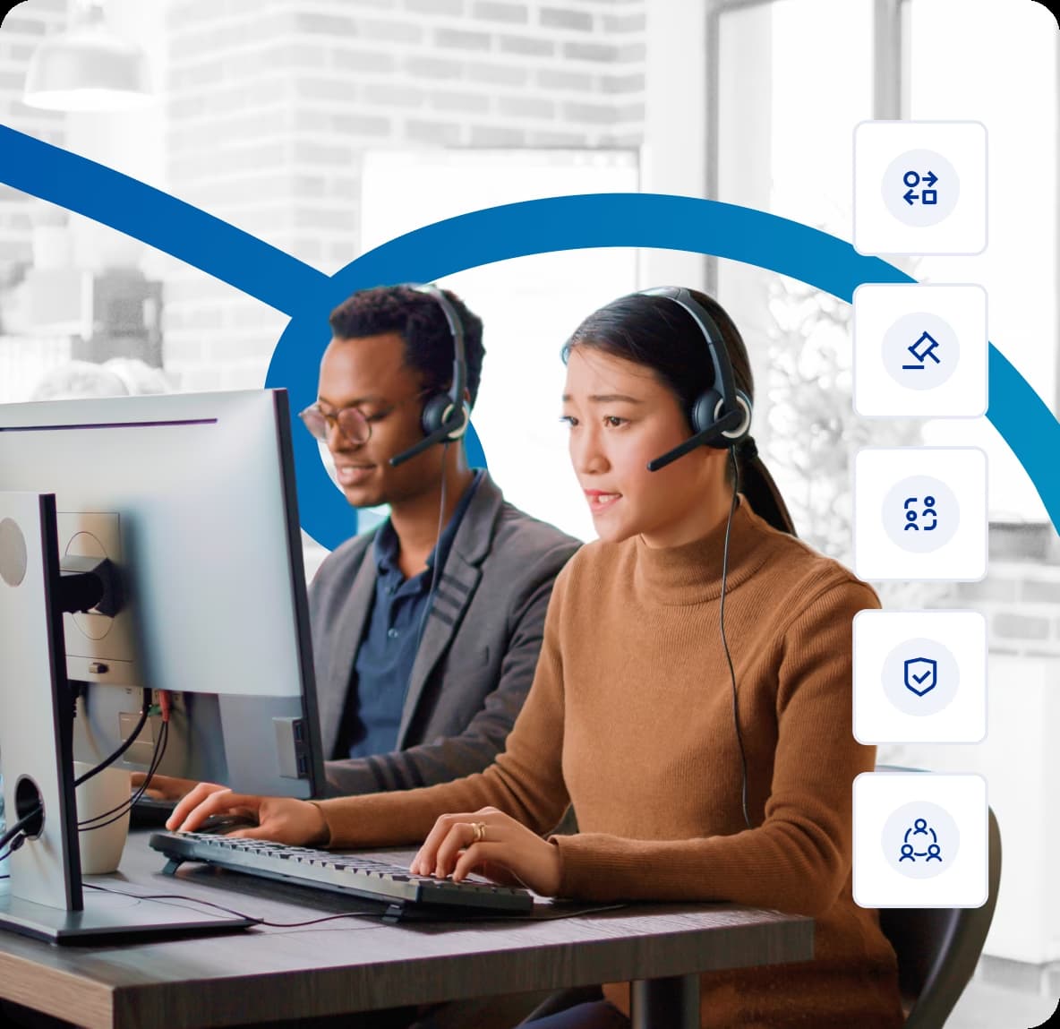 Two call center agents using Syracuse business phone system headset