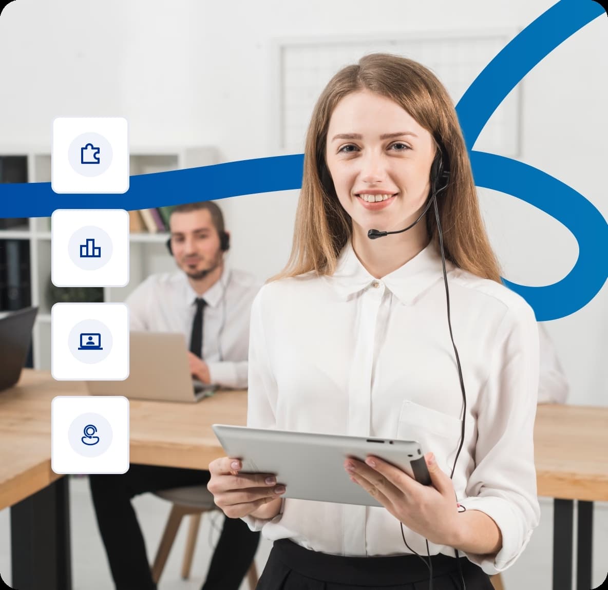 Customer service agent with headset and tablet in call center office