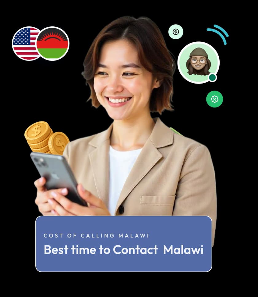 a smiling woman holding a smartphone under us and malawi flags reading best time to contact malawi