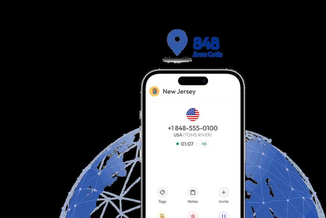 848 area code phone number shown in mobile interface