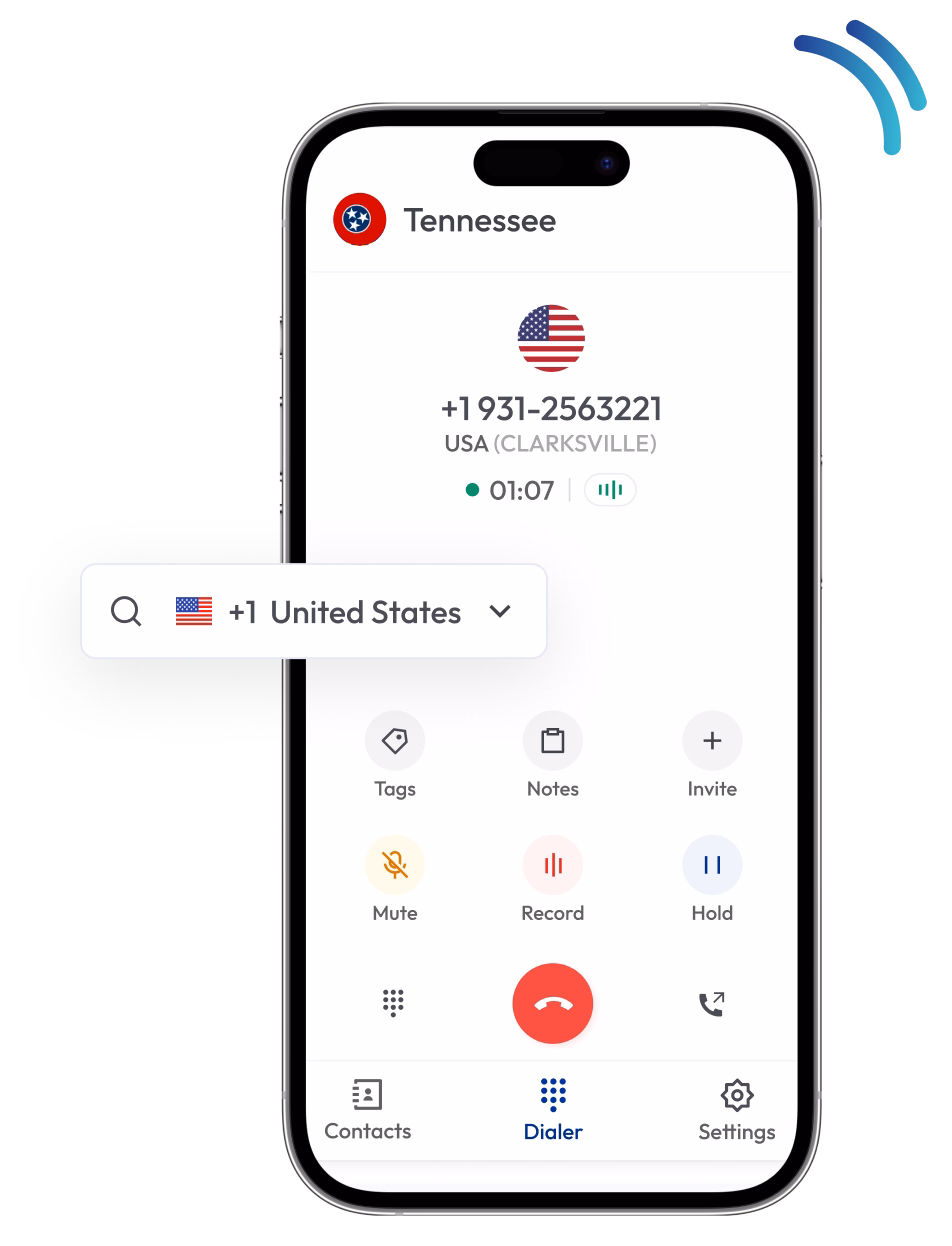mobile dialer screen with tennessee 931 area code incoming call interface