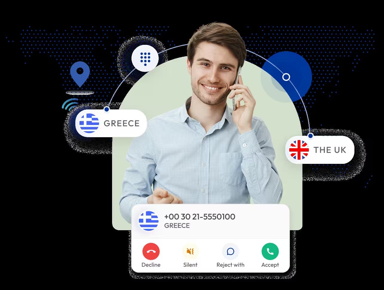 businessman using an international virtual phone number service to connect calls between uk and greece