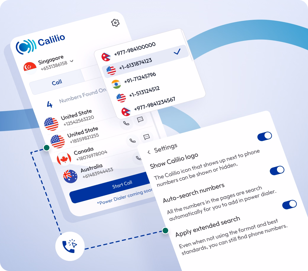 cloud telephony app interface with international number selection and call settings dashboard