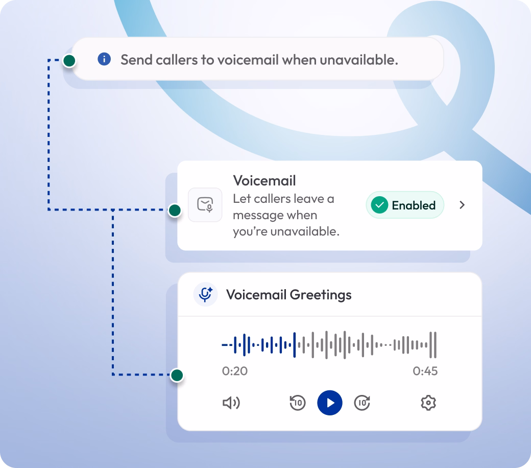 voicemail settings interface showing options to enable voicemail and manage voicemail greetings