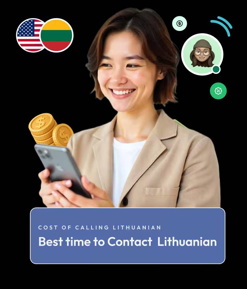 a smiling woman holding a smartphone, surrounded by floating graphics of the us and lithuania flags
