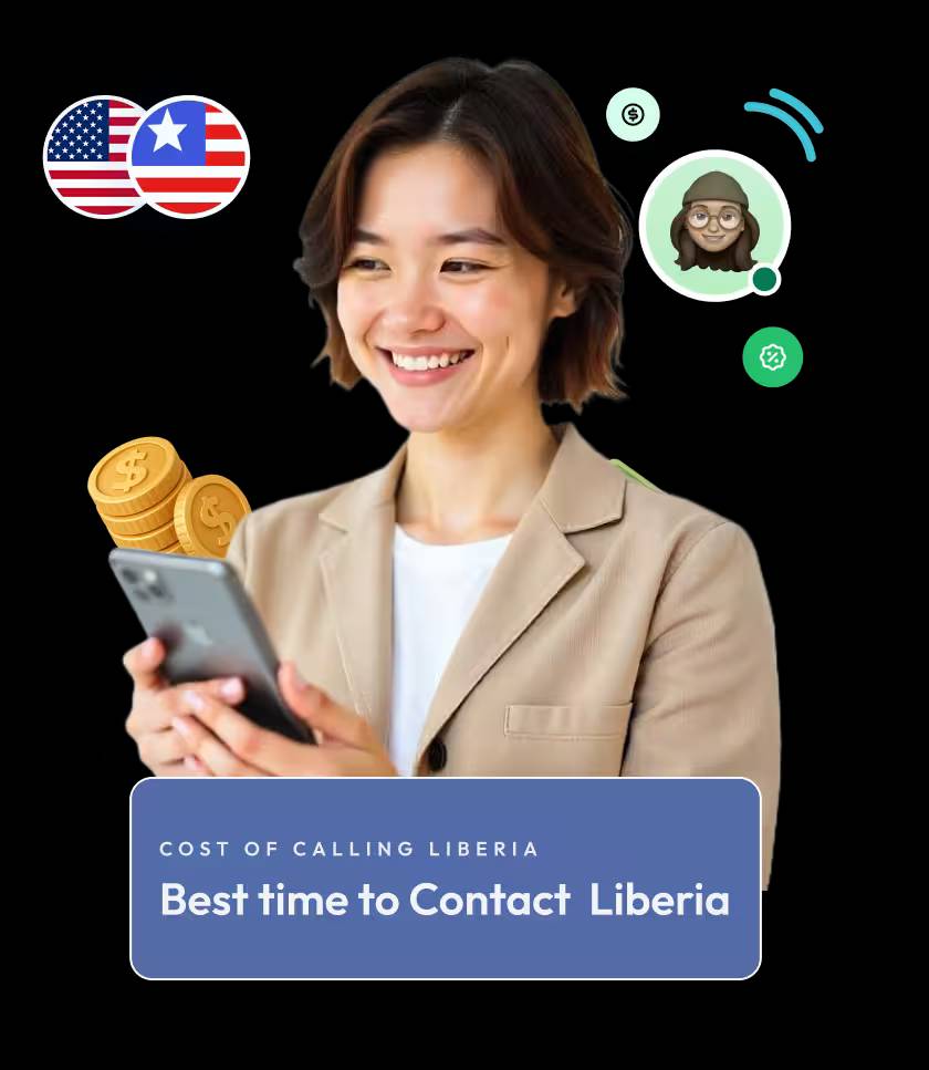a smiling woman holding a smartphone, surrounded by floating graphics of the us and liberia flags