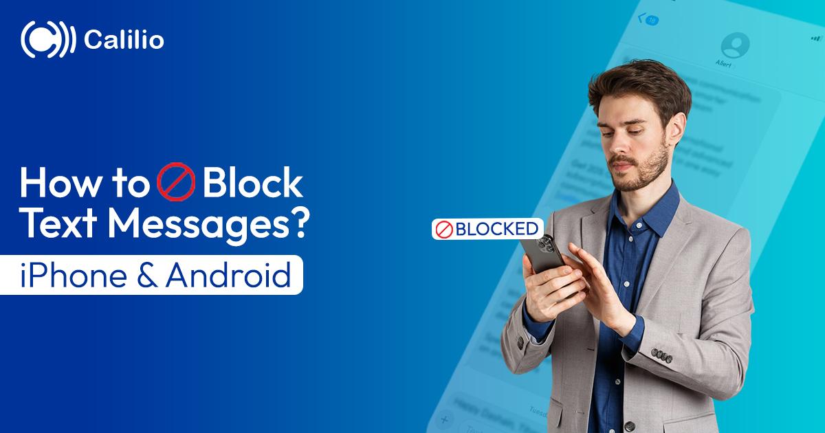 A featured image with text How to Block Text Message in 2026 with a person leaning to a mobile phone containing message popup with block icon