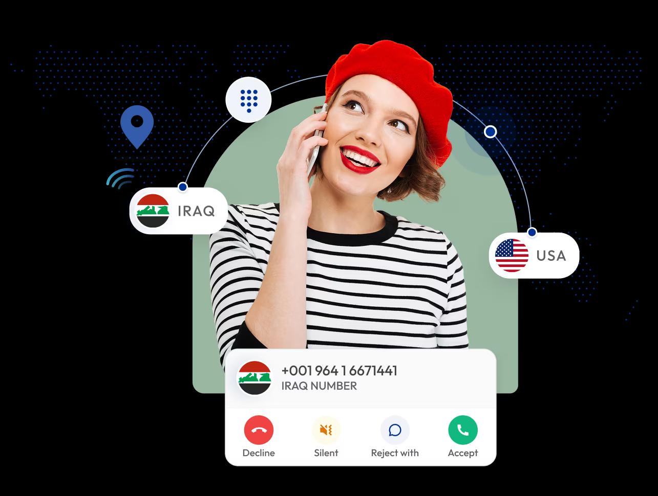 business woman using a virtual phone number to call iraq from the us