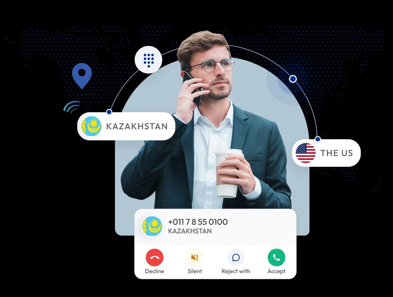 business professional using phon calling kazakhstan from the us