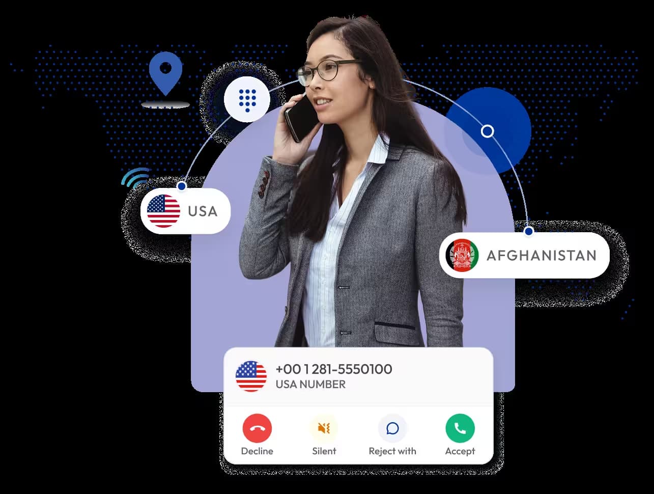 voip international calling app interface showing a business call between usa and afghanistan