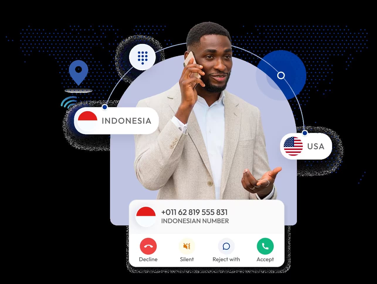 businessman using an international virtual phone number service to connect calls between indonesia and the usa