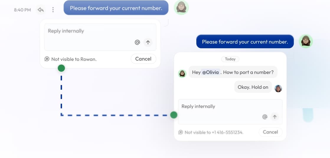 Messaging app forward conversation dialog with internal and external reply settings