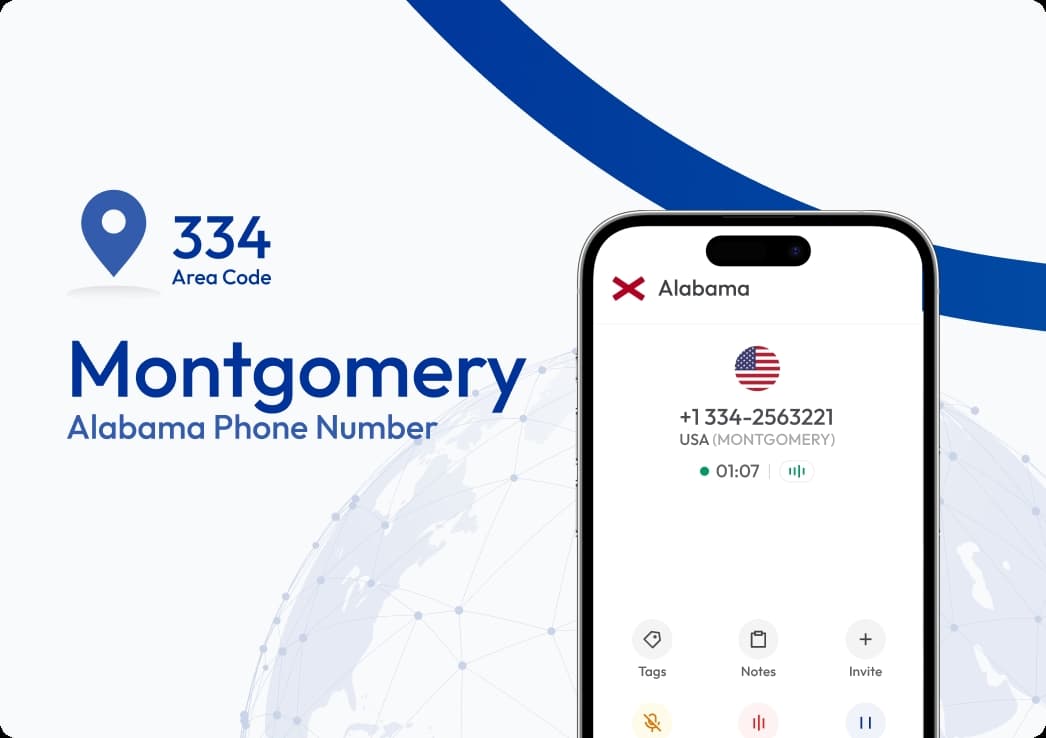 Montgomery Alabama 334 area code phone number on mobile app interface