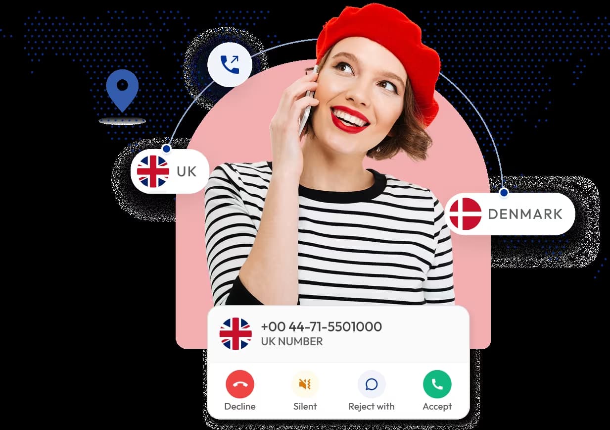 business woman using an international virtual phone number service to connect calls between uk and the denmark