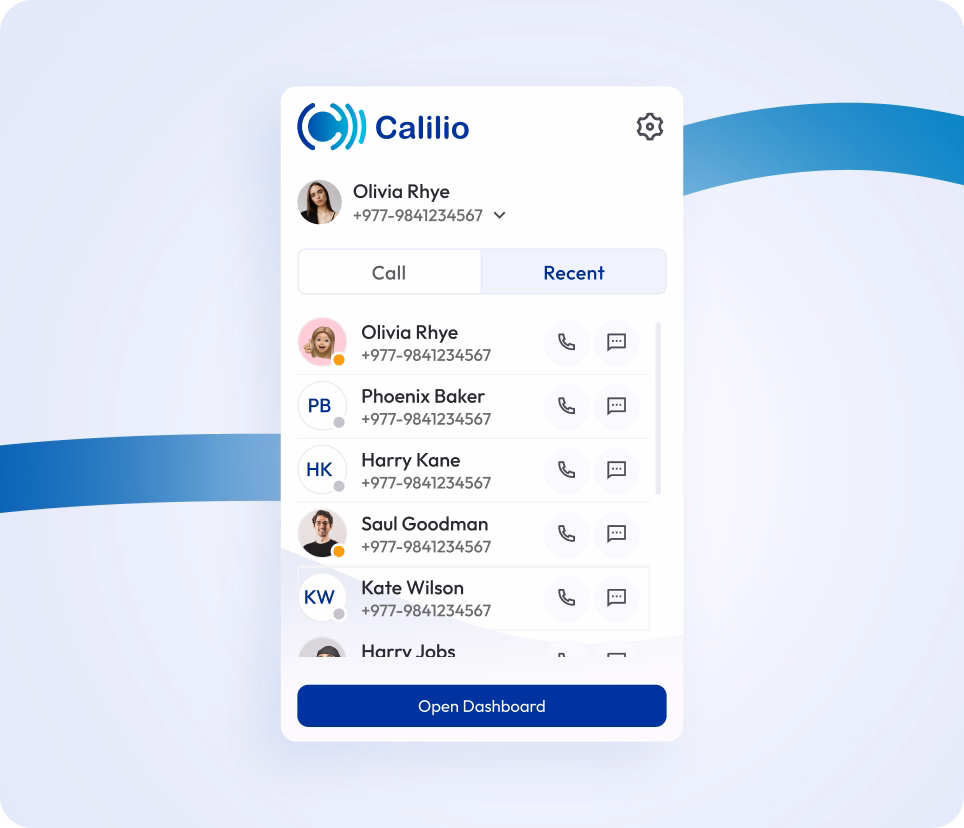 voip calling app interface with recent calls and contact list dashboard